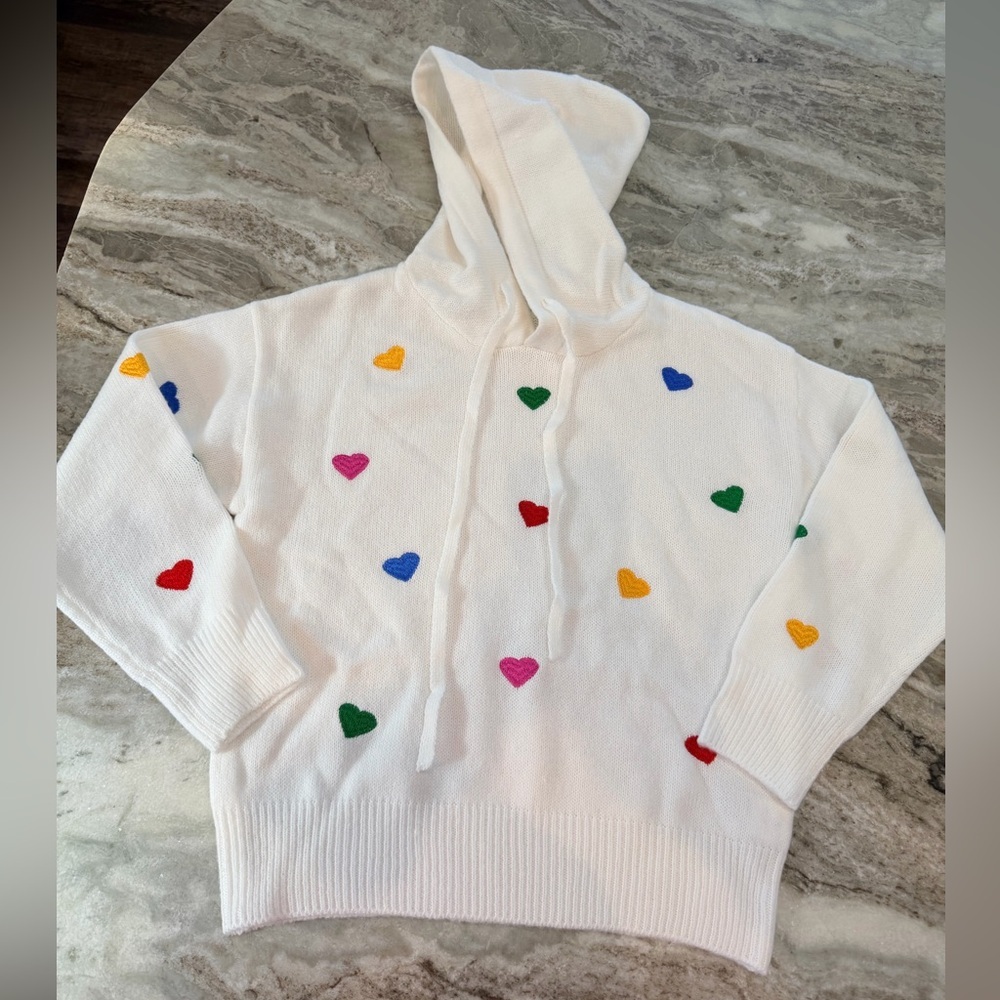 Cream Heart Print Knit Hoodie Small Colorful Embroidered Sweater